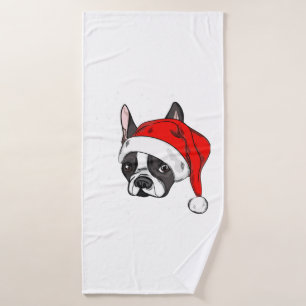French bulldog in christmas hat bath towel