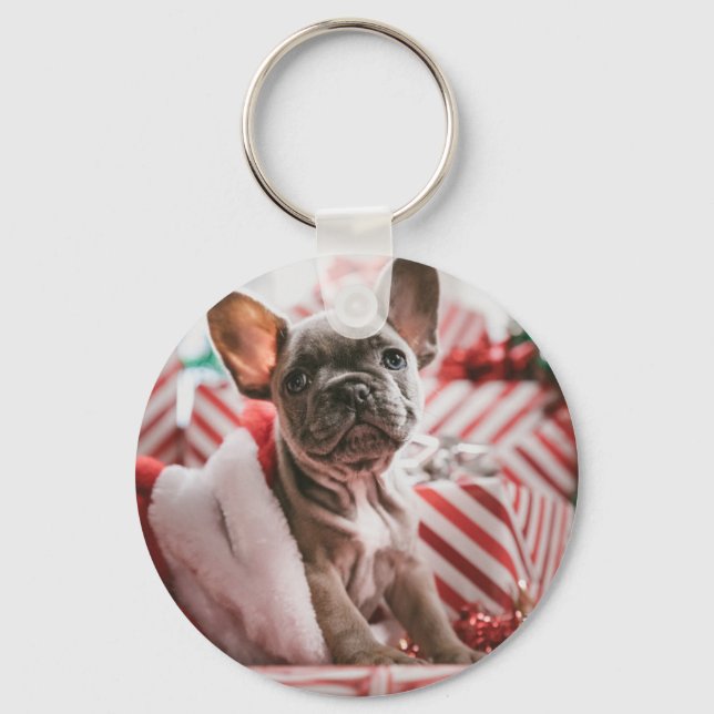 French Bulldog in Christmas Hat Key Ring (Front)