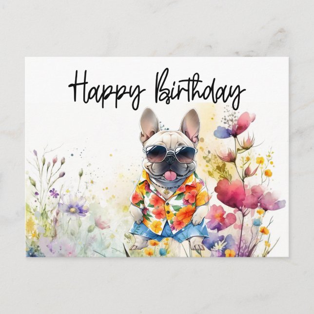French Bulldog in Flower Field Birthday Postcard (Front)