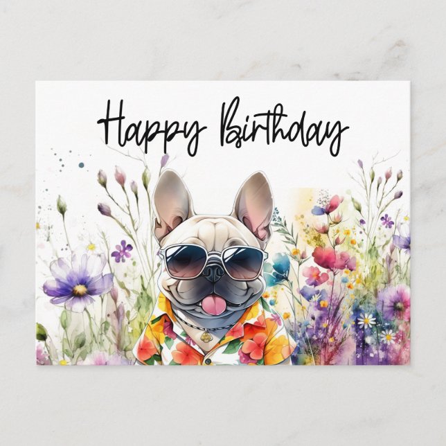 French Bulldog in Flower Field Birthday Postcard (Front)