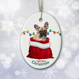 French Bulldog in Holiday Gift Bag Ceramic Ornamen Tree Decoration