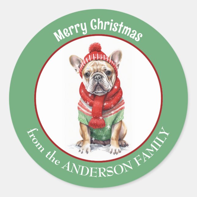 French Bulldog in Red Christmas Scarf and Hat Classic Round Sticker (Front)