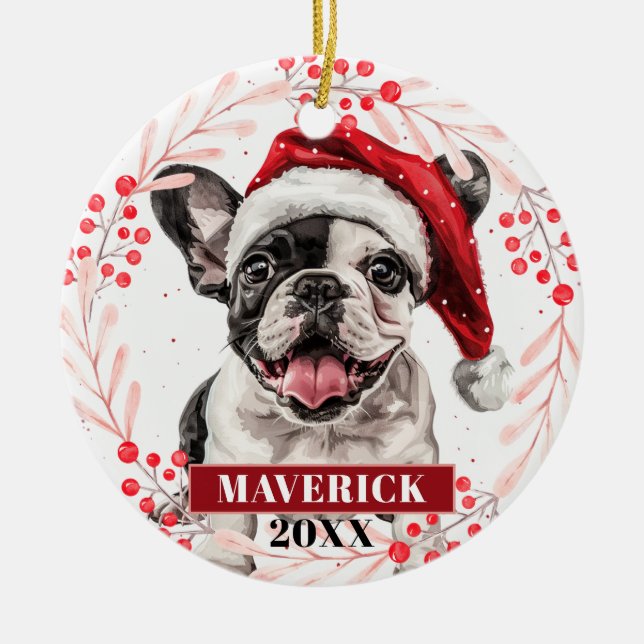 French Bulldog in Santa Hat Christmas Ornament (Front)