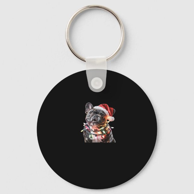 French Bulldog in Santa Hat Wrapped in Christmas L Key Ring (Front)