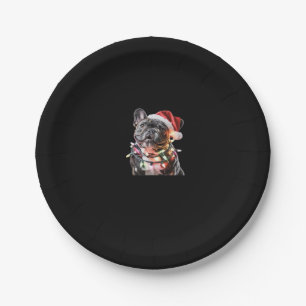 French Bulldog in Santa Hat Wrapped in Christmas L Paper Plate