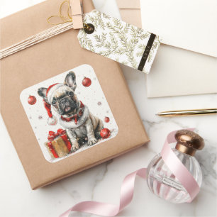 French Bulldog in Santa Suit with Gift Box Square Sticker