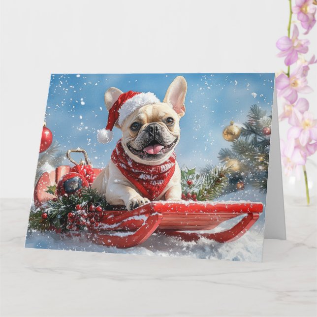 French Bulldog in Sledge Let it Snow Christmas Card (Orchid)