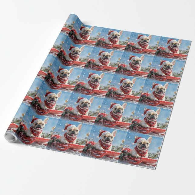French Bulldog in Sledge Let it Snow Christmas Wrapping Paper (Unrolled)
