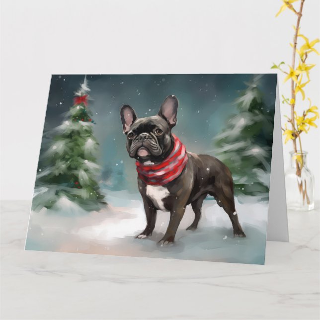 French Bulldog in Snow Christmas Card (Yellow Flower)