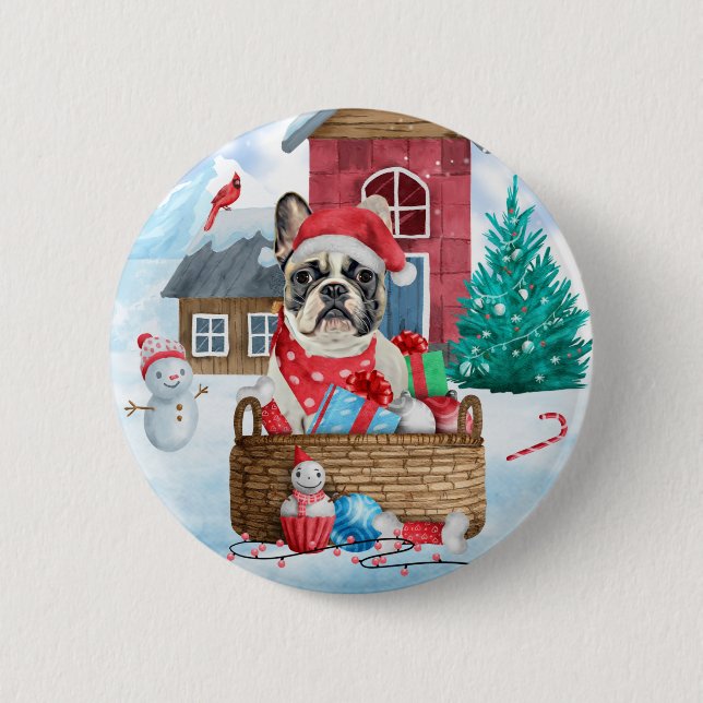 French Bulldog In snow Christmas Dog House 6 Cm Round Badge (Front)