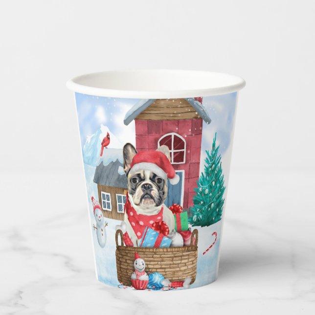 French Bulldog In snow Christmas Dog House  Paper Cups (Front)