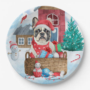 French Bulldog In snow Christmas Dog House Paper Plate