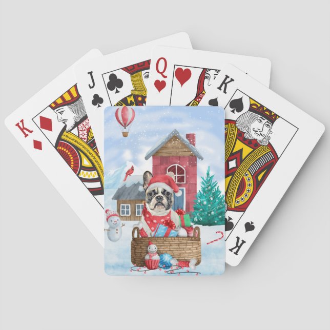 French Bulldog In snow Christmas Dog House Playing Cards (Back)