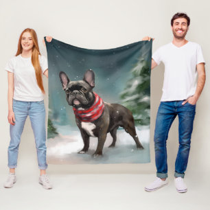 French Bulldog in Snow Christmas Fleece Blanket