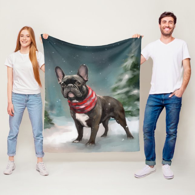 French Bulldog in Snow Christmas Fleece Blanket (In Situ)