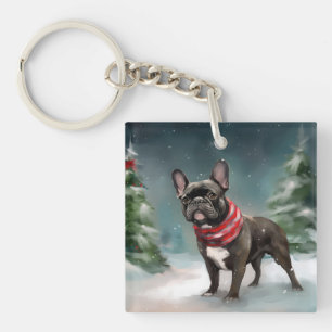 French Bulldog in Snow Christmas Key Ring