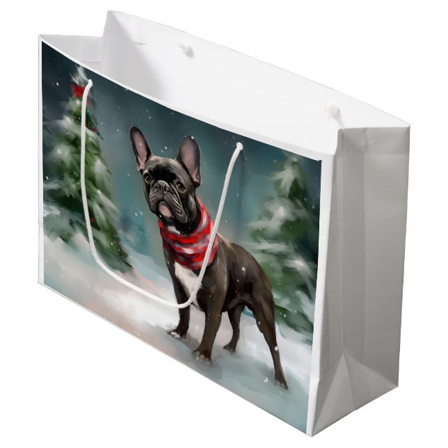 French Bulldog in Snow Christmas Large Gift Bag (Front Angled)