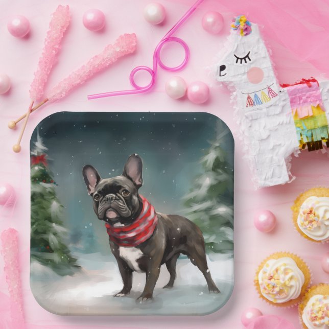 French Bulldog in Snow Christmas Paper Plate (Party)