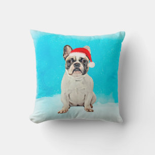 French Bulldog in Snow Christmas Santa Hat Cushion