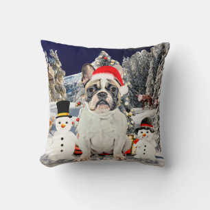 French Bulldog in Snow Christmas Santa Hat Cushion