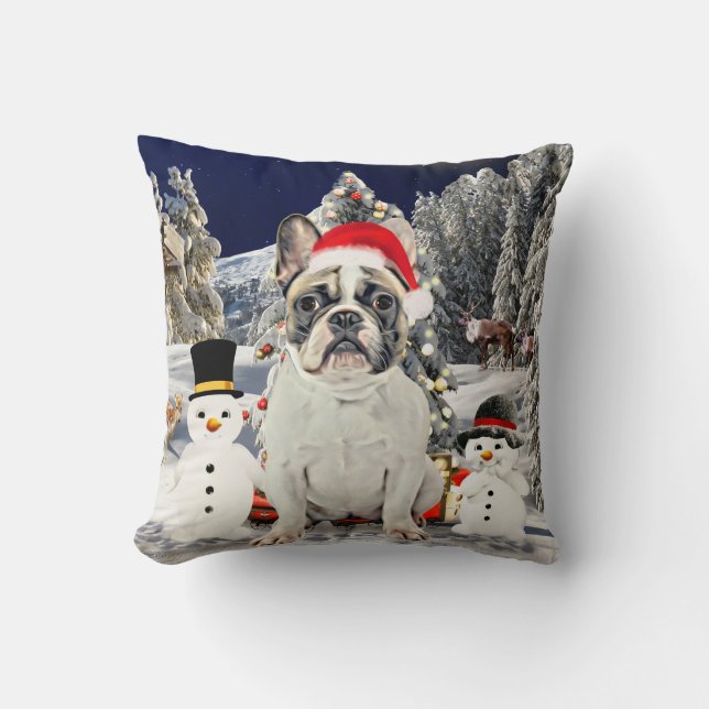 French Bulldog in Snow Christmas Santa Hat Cushion (Front)