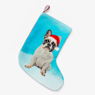 French Bulldog in Snow Christmas Santa Hat Small Christmas Stocking