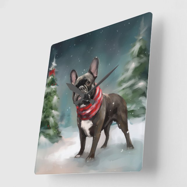 French Bulldog in Snow Christmas Square Wall Clock (Angle)