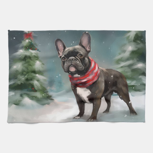 French Bulldog in Snow Christmas Tea Towel (Horizontal)