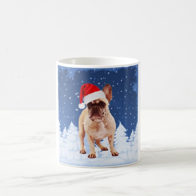 French Bulldog in Snow Christmas w Santa Hat Coffee Mug (Center)