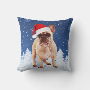 French Bulldog in Snow Christmas w Santa Hat Cushion