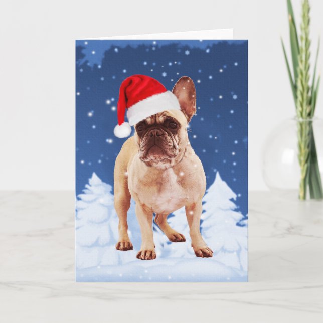French Bulldog in Snow Christmas w Santa Hat Holiday Card (Front)