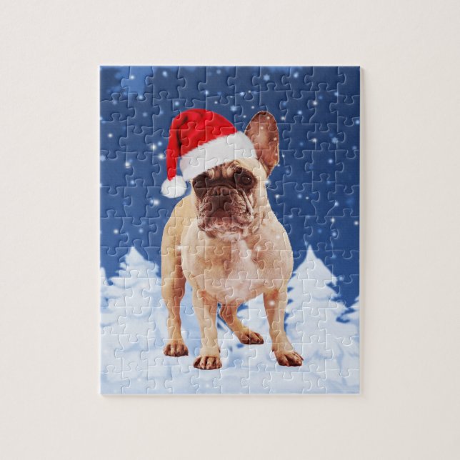 French Bulldog in Snow Christmas w Santa Hat Jigsaw Puzzle (Vertical)