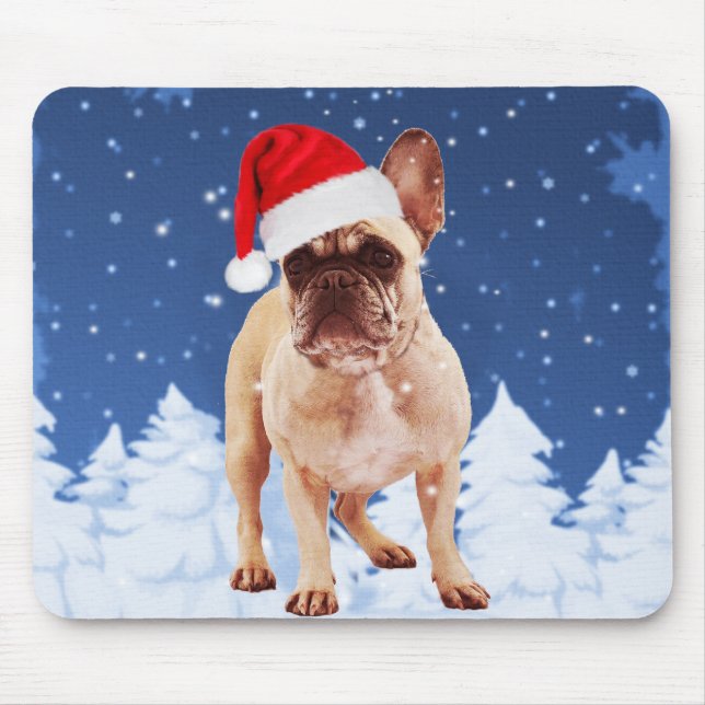 French Bulldog in Snow Christmas w Santa Hat Mouse Mat (Front)