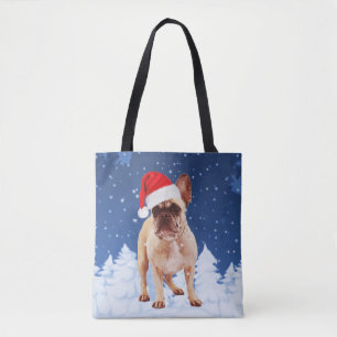 French Bulldog in Snow Christmas w Santa Hat Tote Bag