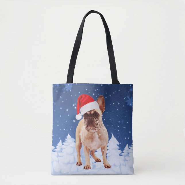 French Bulldog in Snow Christmas w Santa Hat Tote Bag (Front)