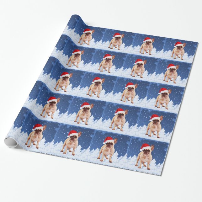 French Bulldog in Snow Christmas w Santa Hat Wrapping Paper (Unrolled)