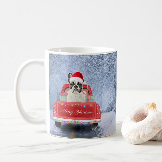 French Bulldog in Snow sitting in Christmas  Coffee Mug (With Donut)