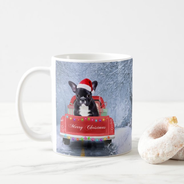 French Bulldog in Snow sitting in Christmas Truck Coffee Mug (With Donut)
