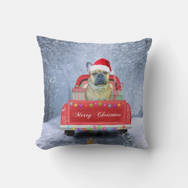 French Bulldog in Snow sitting in Christmas Truck Cushion (Front)