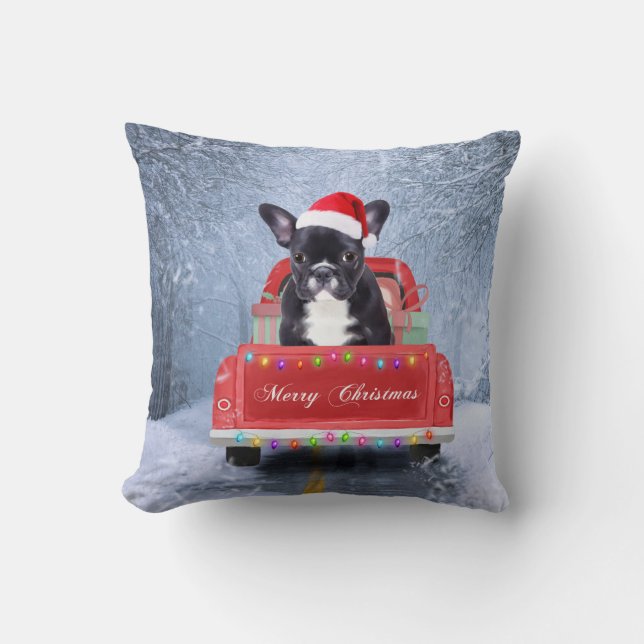 French Bulldog in Snow sitting in Christmas Truck Cushion (Front)