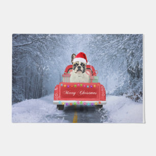 French Bulldog in Snow sitting in Christmas Truck Doormat