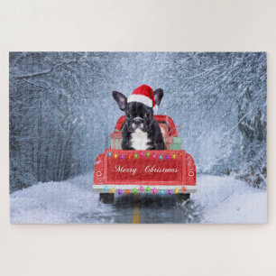 French Bulldog in Snow sitting in Christmas Truck Jigsaw Puzzle
