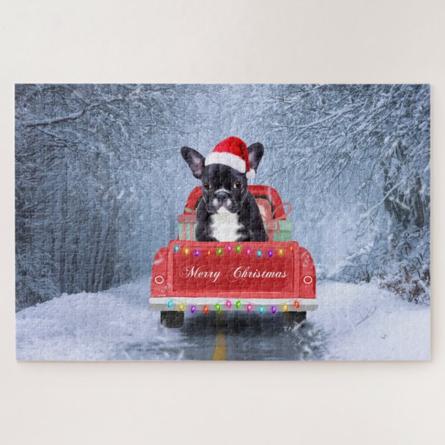 French Bulldog in Snow sitting in Christmas Truck Jigsaw Puzzle (Horizontal)