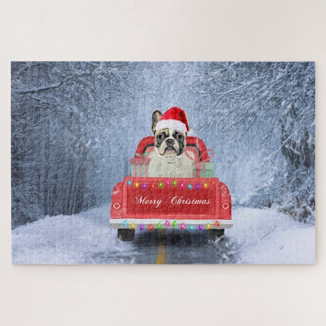 French Bulldog in Snow sitting in Christmas Truck Jigsaw Puzzle (Horizontal)