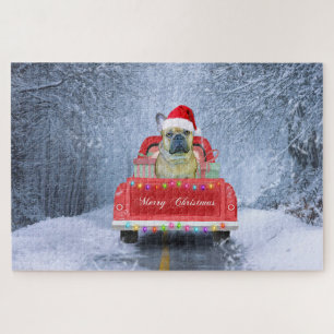 French Bulldog in Snow sitting in Christmas Truck Jigsaw Puzzle