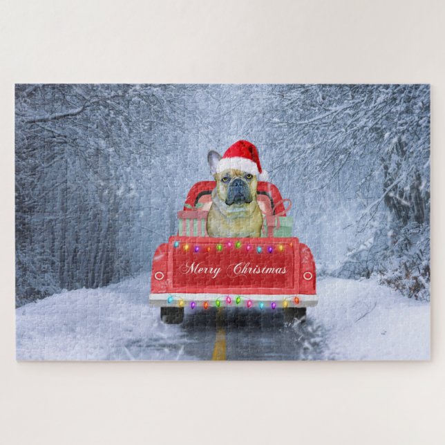 French Bulldog in Snow sitting in Christmas Truck Jigsaw Puzzle (Horizontal)