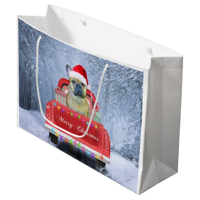 French Bulldog in Snow sitting in Christmas Truck  Large Gift Bag (Front Angled)