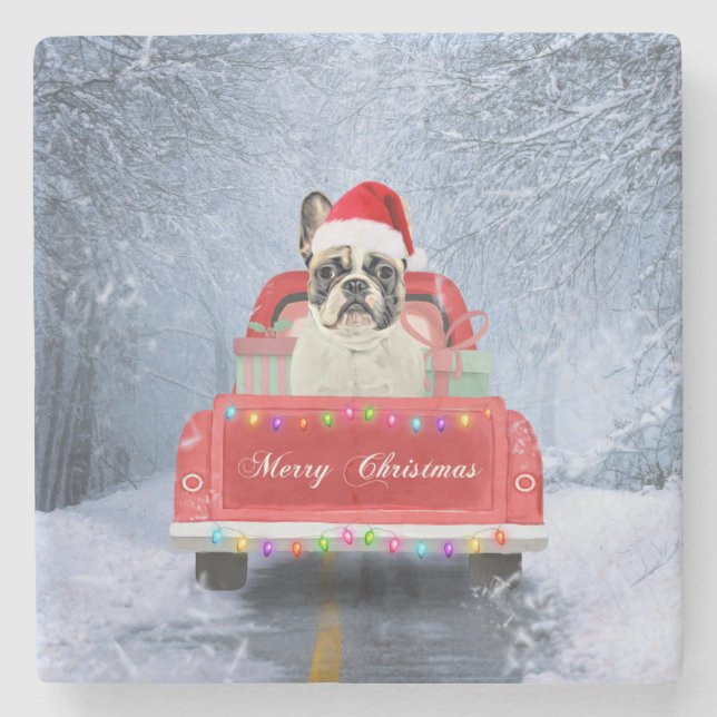 French Bulldog in Snow sitting in Christmas Truck  Stone Coaster (Front)