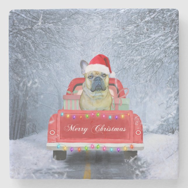 French Bulldog in Snow sitting in Christmas Truck  Stone Coaster (Front)
