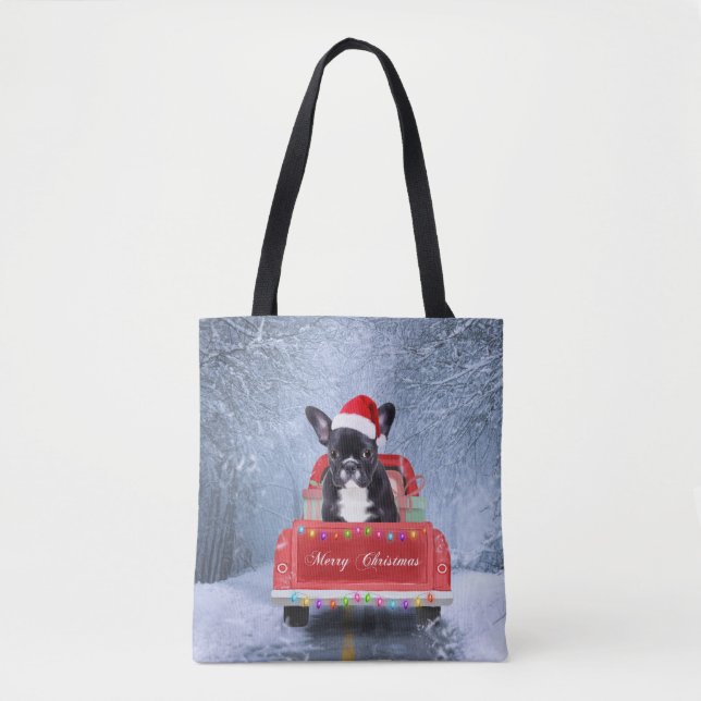 French Bulldog in Snow sitting in Christmas Truck Tote Bag (Front)